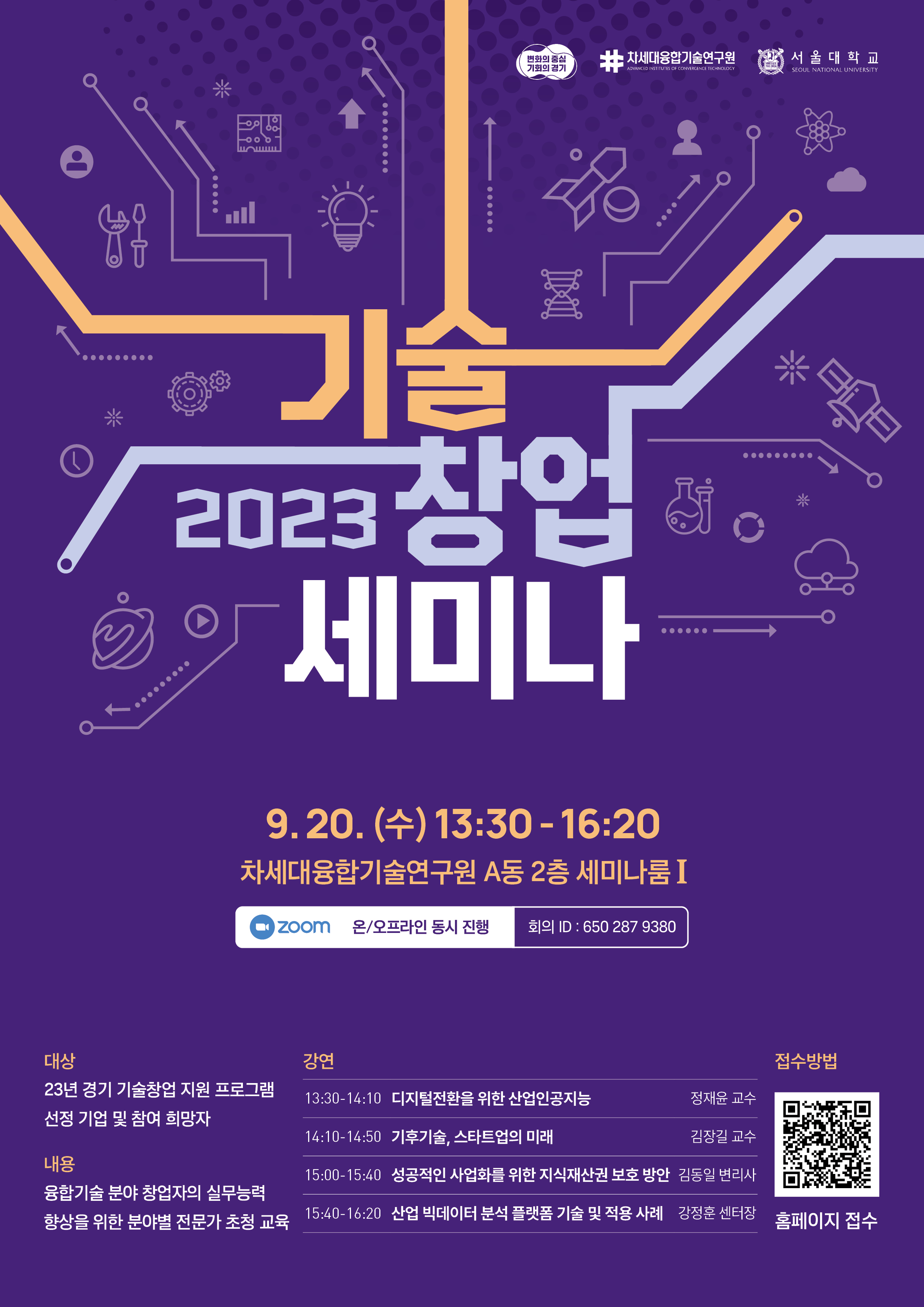 변화의 중심 기회의 경기. 차세대융합기술연구원 ADVANCED INSTITUTES OF CONVERGENCE TECHNOLOGY. 서울대학교 SEOUL NATIONAL UNIVERSITY. 기술 2023 창업 세미나. 9.20. (+) 13:30-16:20. 차세대융합기술연구원 A동 2층 세미나룸I. zoom 온/오프라인 동시 진행 회의 ID : 650287 9380. 대상. 23년 경기 기술창업 지원 프로그램 선정기업 및 참여 희망자. 내용. 융합기술 분야 창업자의 실무능력 향상을 위한 분야별 전문가 초청 교육. 강연. 13:30-14:10 디지털전환을 위한 산업인공지능 정재윤 교수. 14:10-14:50 기후기술, 스타트업의 미래 김장길 교수. 15:00-15:40 성공적인 사업화를 위한 지식재산권 보호 방안 김동일 변리사. 15:40-16:20 산업 빅데이터 분석 플랫폼 기술 및 적용 사례 강정훈 센터장. 접수방법. 홈페이지 접수.